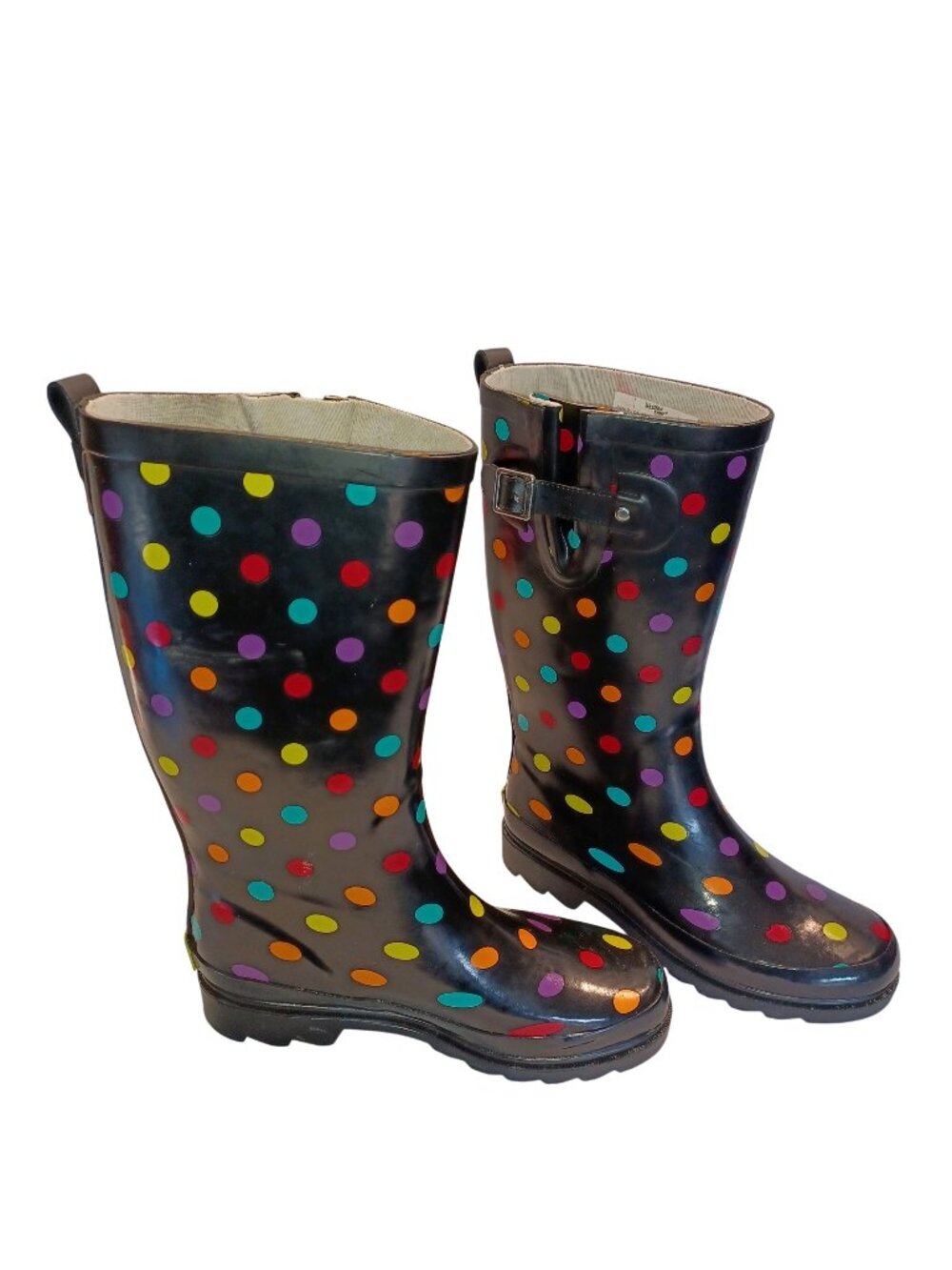 Western Chief Mud Black Boots Tall Lug Rubber Waterproof Polka Dot Women Sz 6